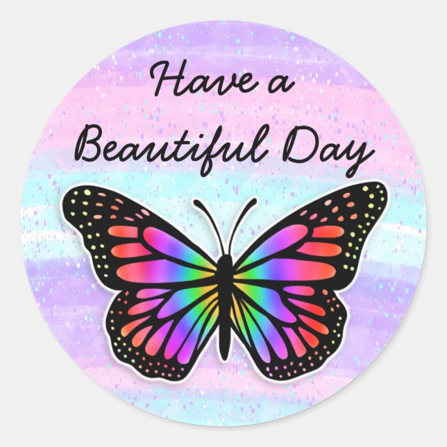 Pegatina Redonda Que tenga un hermoso día | Mariposa Morada (Anverso)