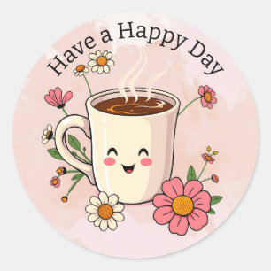 Pegatina Redonda Que Tengas Un Día Feliz   Café Mono