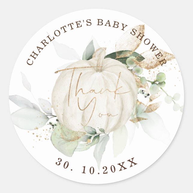 Pegatina Redonda Quebrada de calabaza Baby Shower Greenery Favorito (Anverso)