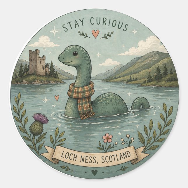Pegatina Redonda Quédate Curioso Acogedor Críptido Nessie Monstruo  (Anverso)