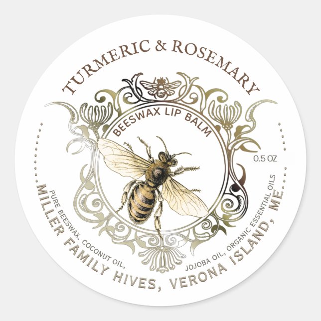 Pegatina Redonda Queen Bee Gold Ornate Frame Beeswax Lip Balcón (Anverso)
