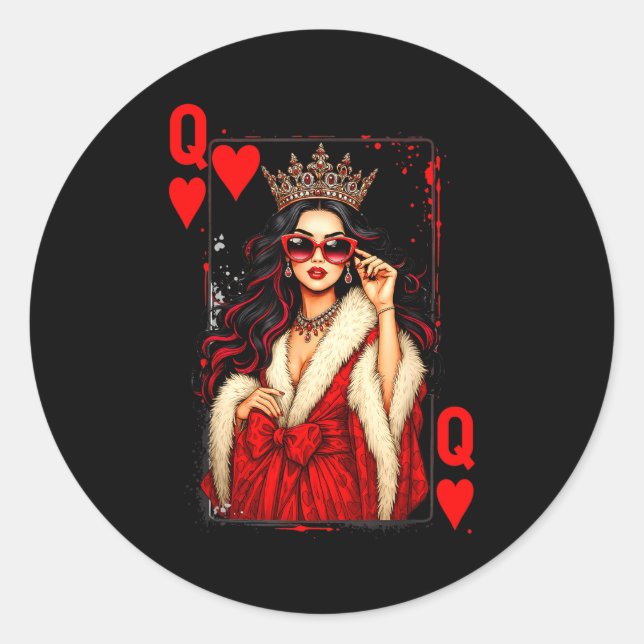 Pegatina Redonda Queen Of Heart Playing Card Love Valentine Outfit  (Anverso)