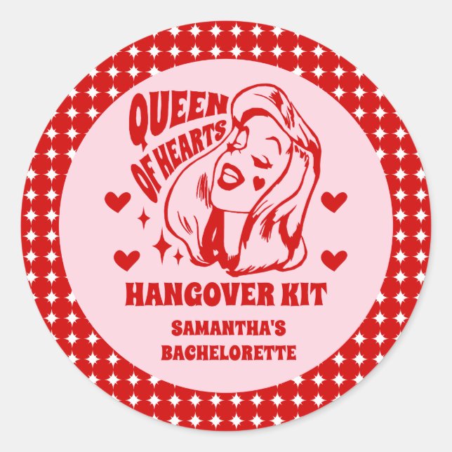 Pegatina Redonda Queen of Hearts Bachelorette Party Hangover Kit (Anverso)