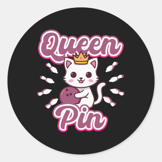 Pegatina Redonda Queen Pin Women's Girls Bowling Cat  (Anverso)