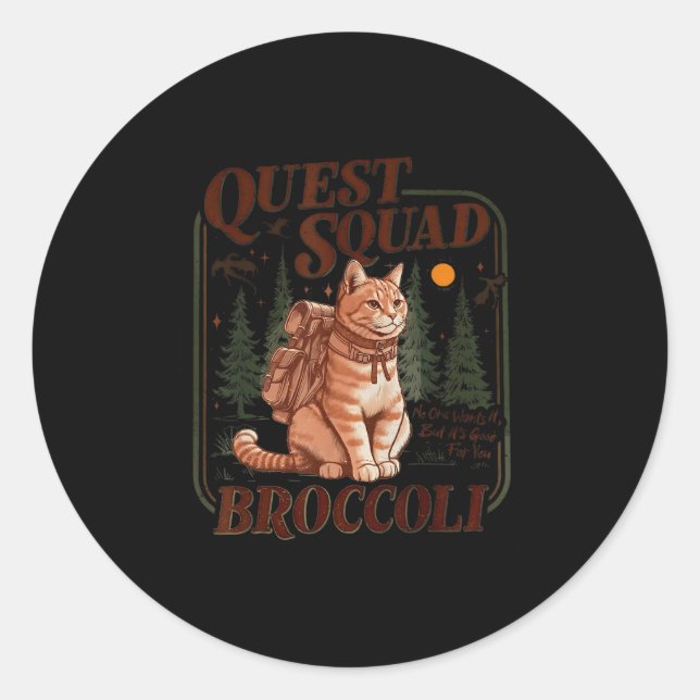 Pegatina Redonda Quest Fantasy Squad Broccoli Funny Cat  (Anverso)
