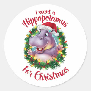 Pegatina Redonda Quiero Hipopótamo Para Navidades Xmas Hippo
