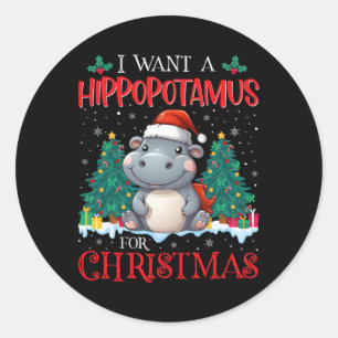 Pegatina Redonda Quiero Hipopótamo Para Navidades Xmas Hippo Niño