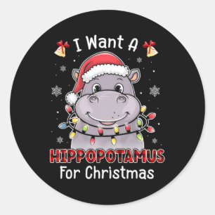 Pegatina Redonda Quiero Hipopótamo Para Navidades Xmas Hippo Para