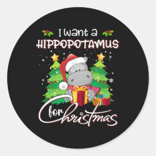 Pegatina Redonda Quiero Hipopótamo Para Navidades Xmas Hippo Para