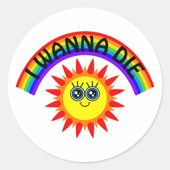 Pegatina Redonda Quiero morir - Sol sonriente arcoiris (Anverso)