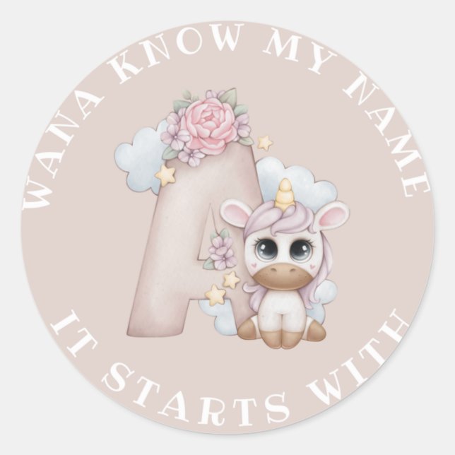 PEGATINA REDONDA QUIERO SABER MI NOMBRE, EMPIEZA CON UNA RONDA CLÁS (Anverso)