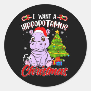 Pegatina Redonda Quiero Un Hipopótamo Para Los Navidades Hippo