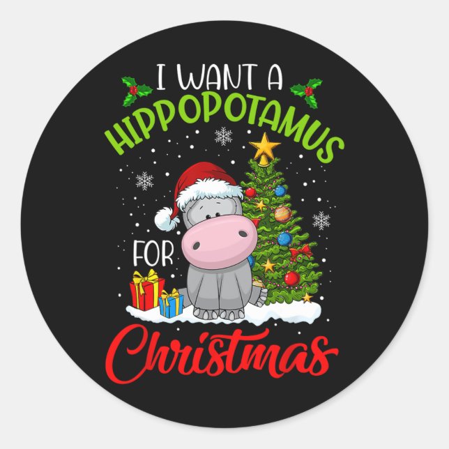 Pegatina Redonda Quiero Un Hipopótamo Para Los Navidades Santa Hipp (Anverso)