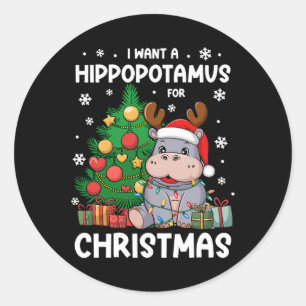 Pegatina Redonda Quiero Un Hipopótamo Para Los Niños Navidades Anim