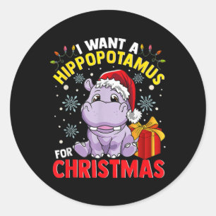 Pegatina Redonda Quiero un hipopótamo para Navidad