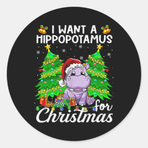 Pegatina Redonda Quiero Un Hipopótamo Para Navidades Luces Santa H
