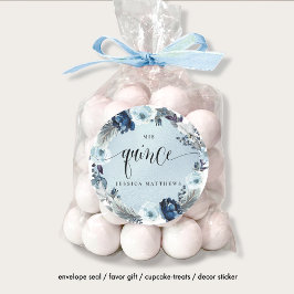 Pegatina Redonda Quince, español, floral azul claro