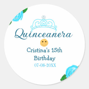 Pegatina Redonda Quinceanera anos 15 años rosa azul arte de la coro