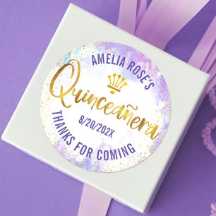 Pegatina Redonda Quinceañera Aquarela Púrpura con Hojas de Oro Eleg