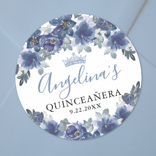 Pegatina Redonda Quinceañera Azul Floral
