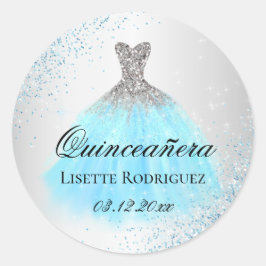 Pegatina Redonda Quinceanera Azul Luminoso Y Plateado