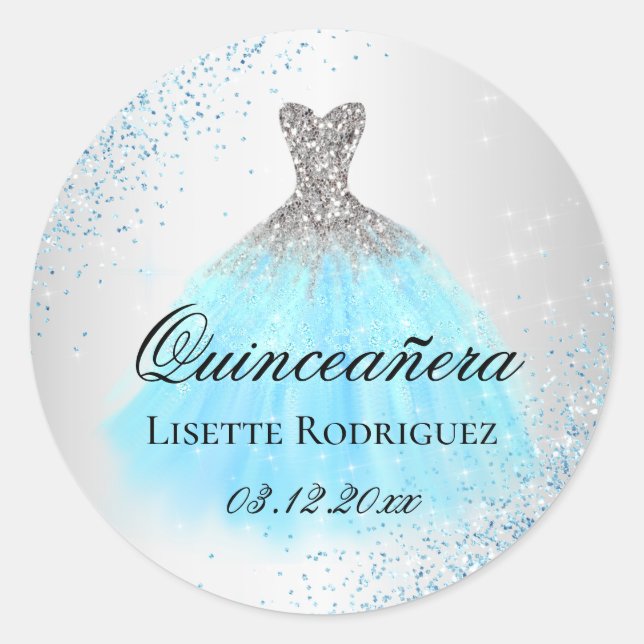 Pegatina Redonda Quinceanera Azul Luminoso Y Plateado (Anverso)