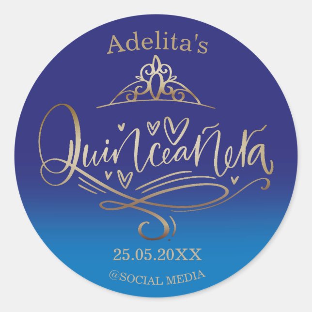 Pegatina Redonda Quinceañera azul real 15 años (Anverso)