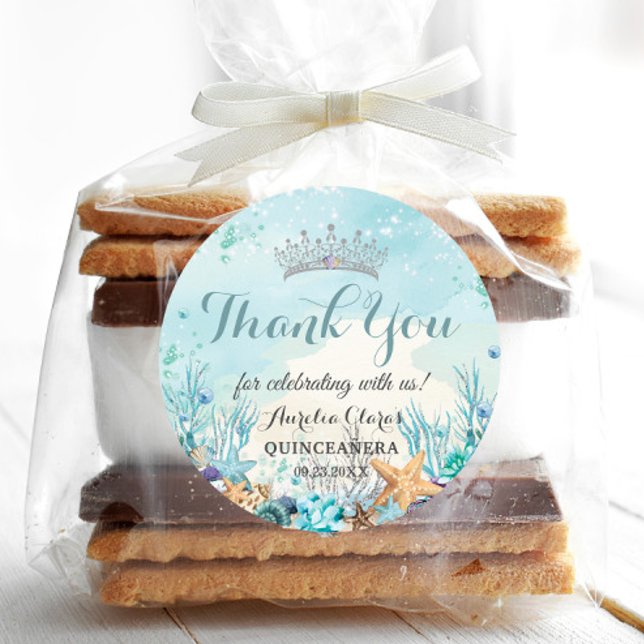 Pegatina Redonda Quinceañera Bajo el Mar Conchas Corales (under the sea Quinceañera quince xv sweet 16 birthday bridal shower round favor stickers labels)