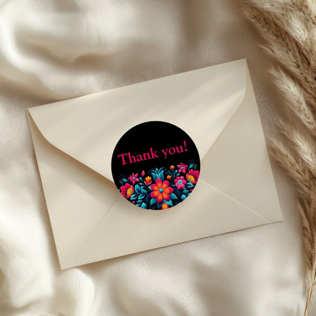 Pegatina Redonda Quinceanera Black Mexican Fiesta Gracias (Quinceanera Black Mexican Fiesta Thank You Classic Round Sticker on an elegant  envelope.)