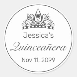 Pegatina Redonda Quinceanera blanca moderna Minimalista de Tiara