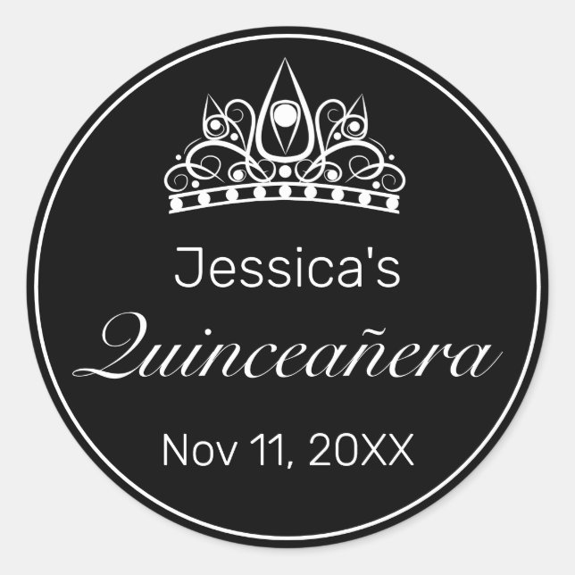 Pegatina Redonda Quinceanera blanca moderna Minimalista de Tiara (Anverso)