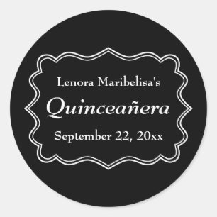 Pegatina Redonda Quinceanera blanca y negra de estilo