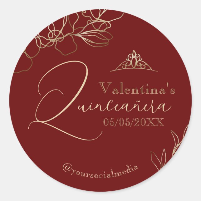 Pegatina Redonda Quinceañera Burgundy Red Floral (Anverso)