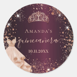 Pegatina Redonda Quinceanera burgundy rosa dorado vestido guión nom