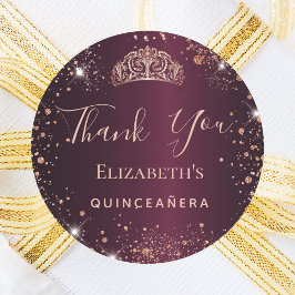 Pegatina Redonda Quinceanera burgundy rosa oro tiara gracias