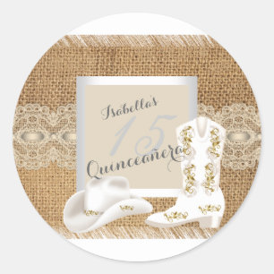 Pegatina Redonda Quinceanera Burlap Lace Cowgirl