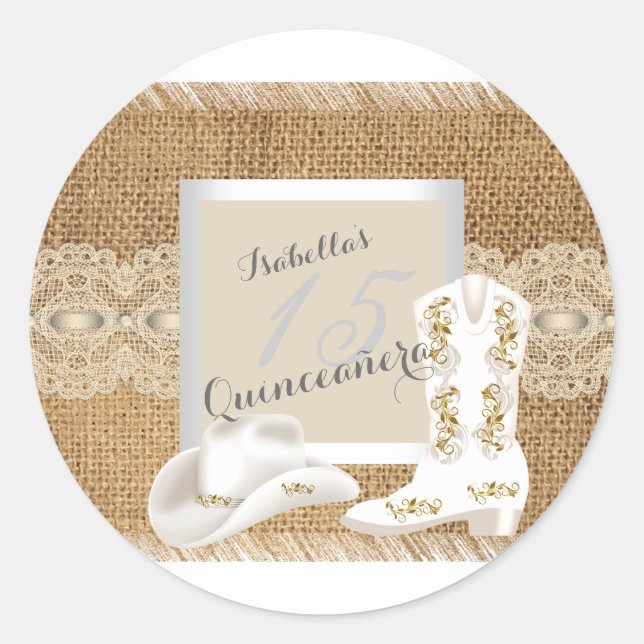 Pegatina Redonda Quinceanera Burlap Lace Cowgirl (Anverso)