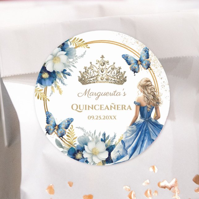 Pegatina Redonda Quinceañera Chica Floral Azul Oro Tiara Mariposa (Subido por el creador)