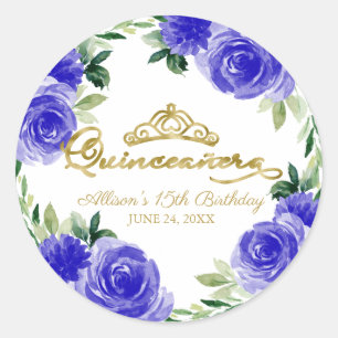 Pegatina Redonda Quinceanera Corona de Oro Floral Azul Real