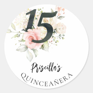 Pegatina Redonda Quinceañera de acuarela floral cumpleaños 15