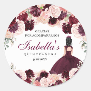 Pegatina Redonda Quinceanera de floral rosa de Rubor de Borgoña