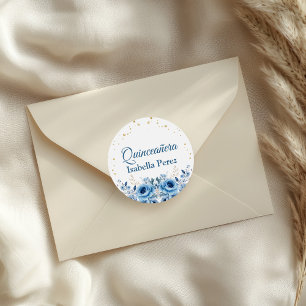 Pegatina Redonda Quinceañera de flores azul claro y brillo dorado