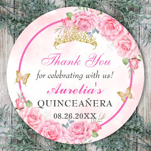 Pegatina Redonda Quinceanera de oro Rosa Quince cumpleaños 15 Anos