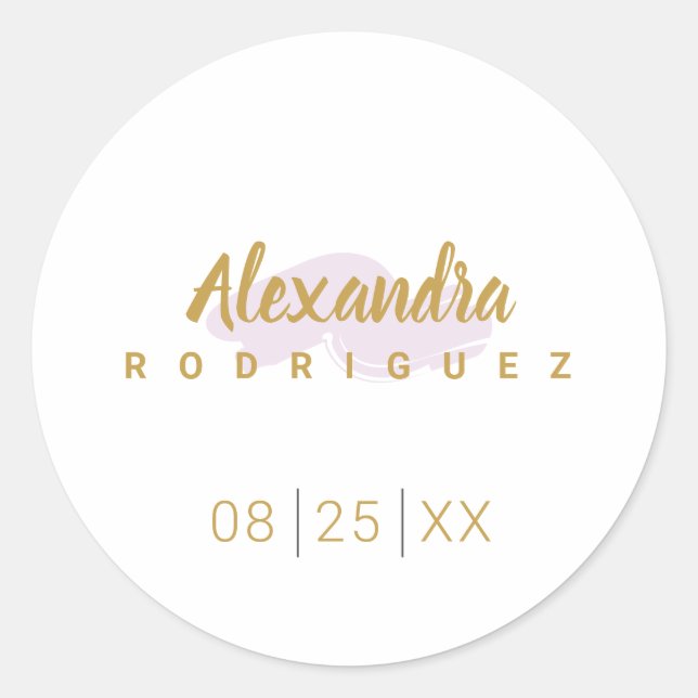 Pegatina Redonda Quinceanera de púrpura pálido y oro (Anverso)