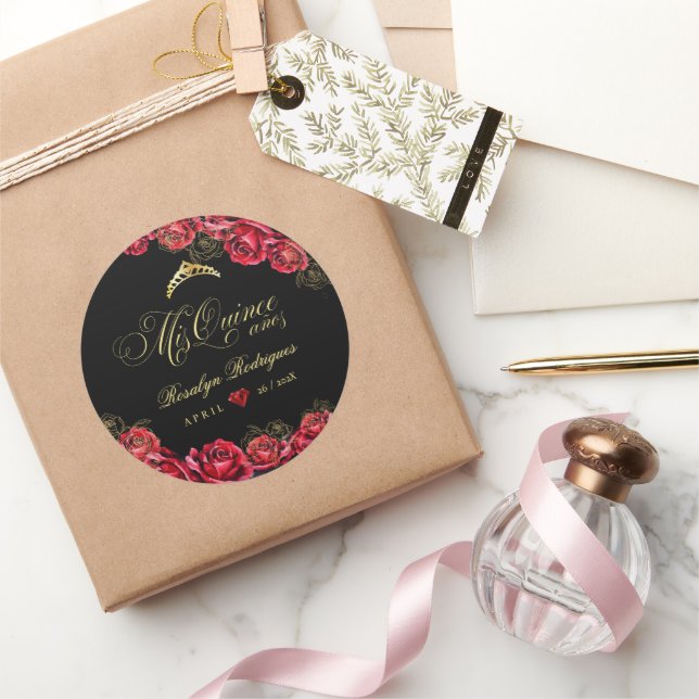 Pegatina Redonda Quinceanera - diamante rojo negro (Regalar)