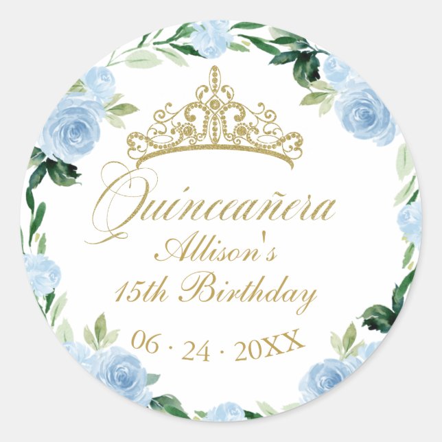 Pegatina Redonda Quinceanera Dios Tiara Bebé Flor Azul (Anverso)
