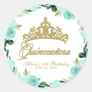 Pegatina Redonda Quinceañera Dios Tiara Brillante Floral Teal