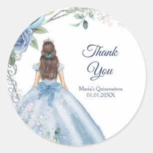 Pegatina Redonda Quinceañera Dusty Blue Floral Gracias