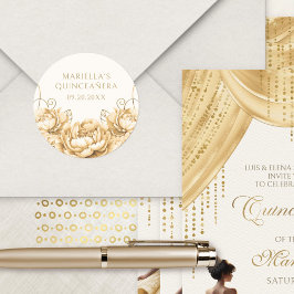 Pegatina Redonda Quinceanera elegante floral dorada