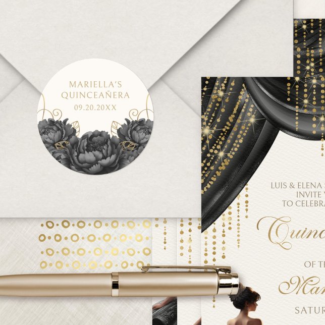 Pegatina Redonda Quinceanera elegante floral negra (Subido por el creador)